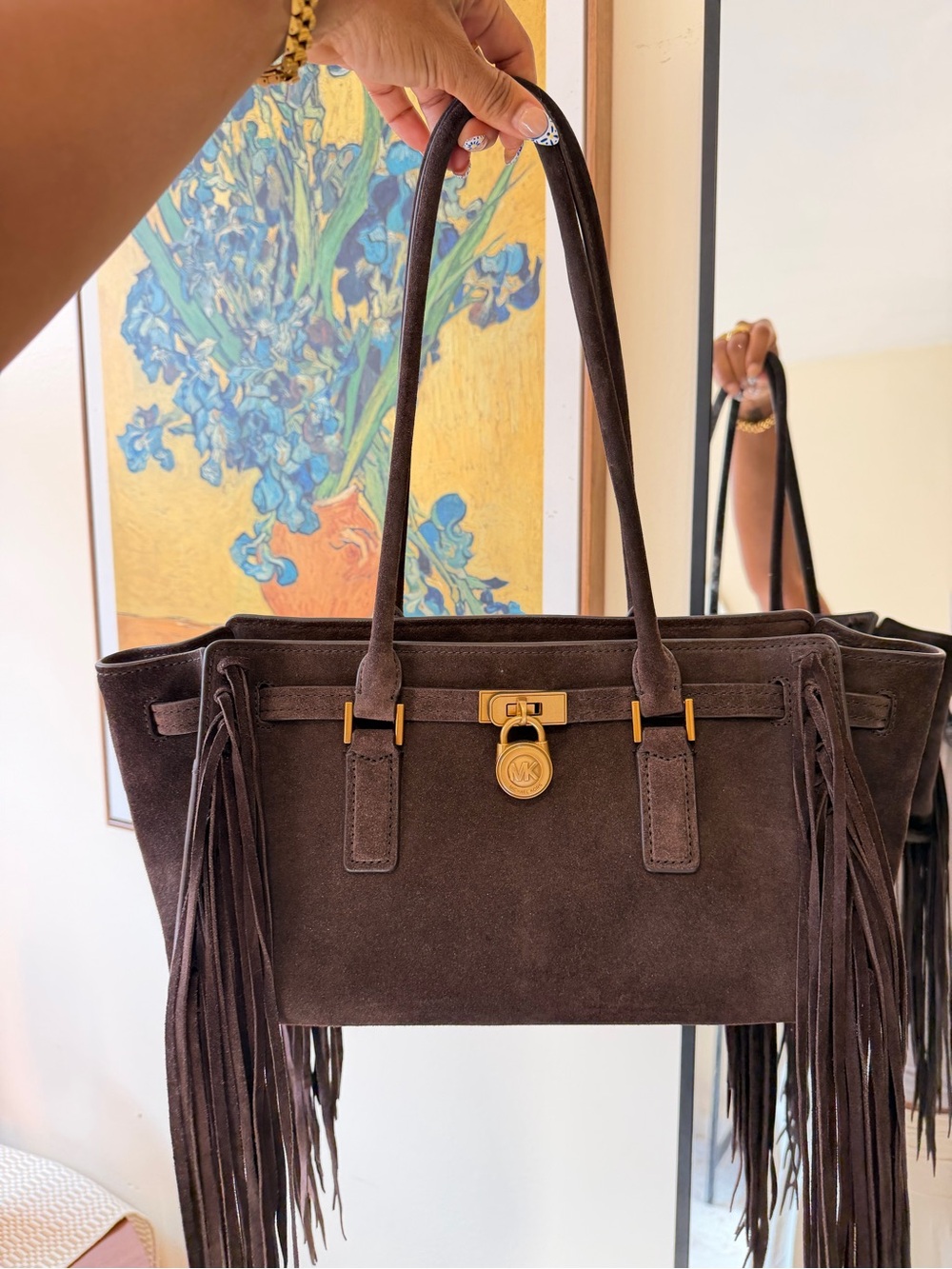 Michael Kors Dark Brown Suede Fringe Shoulder Bag with Gold Hardware